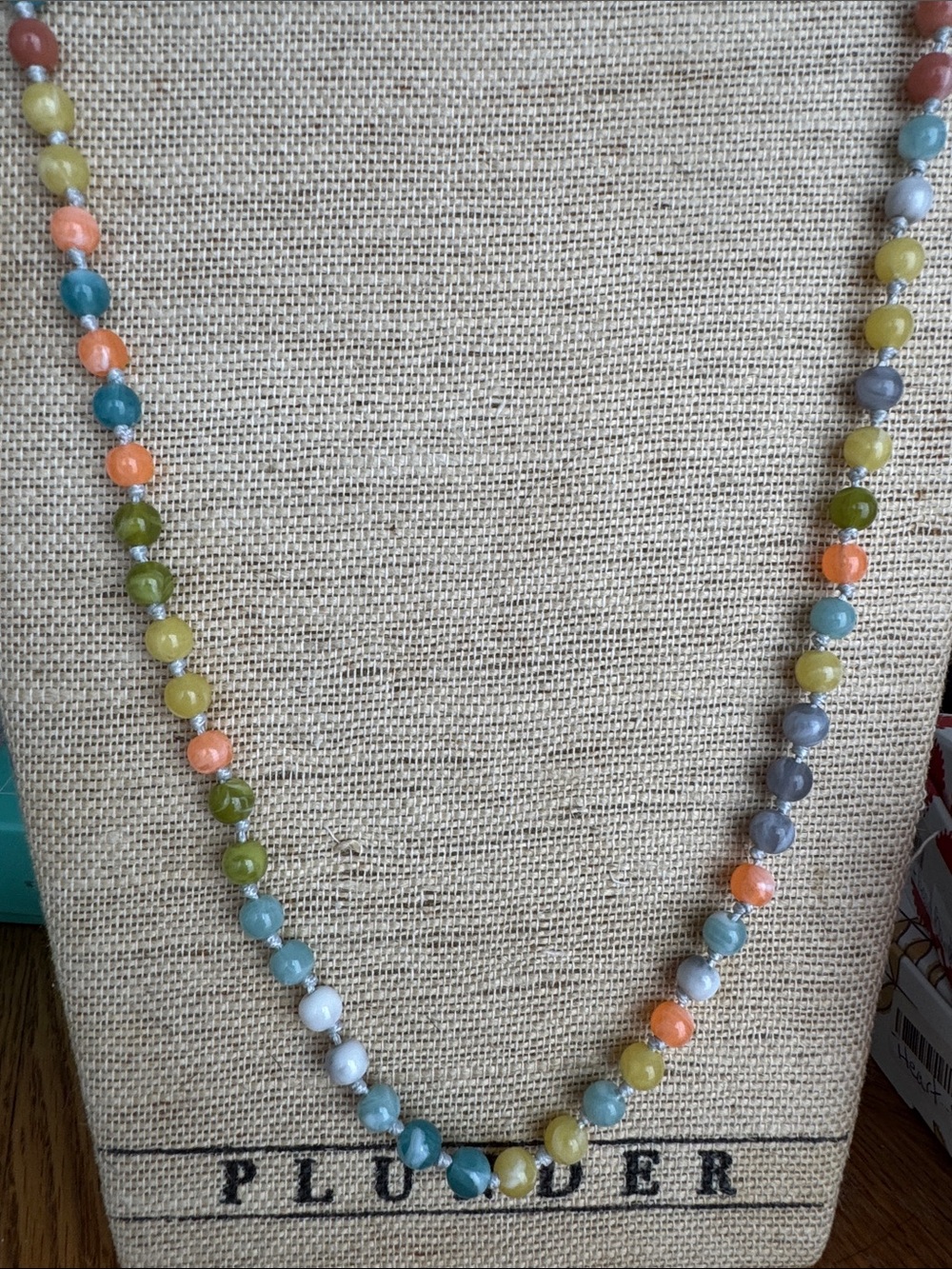 Plunder Multicolor Long Beaded Necklace in Blue Green Orange Yellow Gray Cream